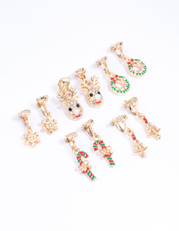 Gold Diamante Reindeer & Snowflake Clip-On Earrings 5-Pack