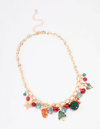 Gold Red Bell & Candy Cane Charm Chain Necklace - link has visual effect only