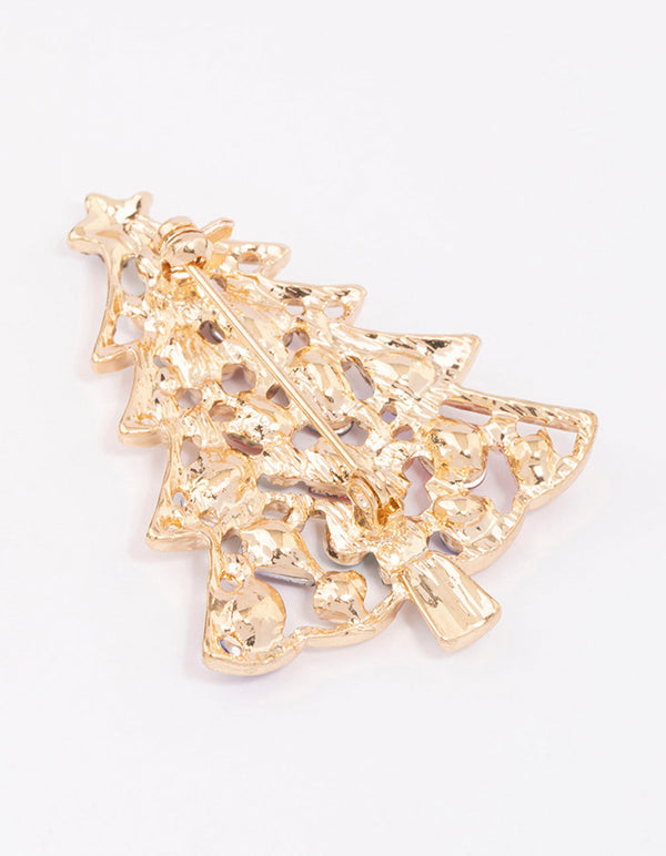 Gold Multicoloured Diamante Festive Tree Brooch