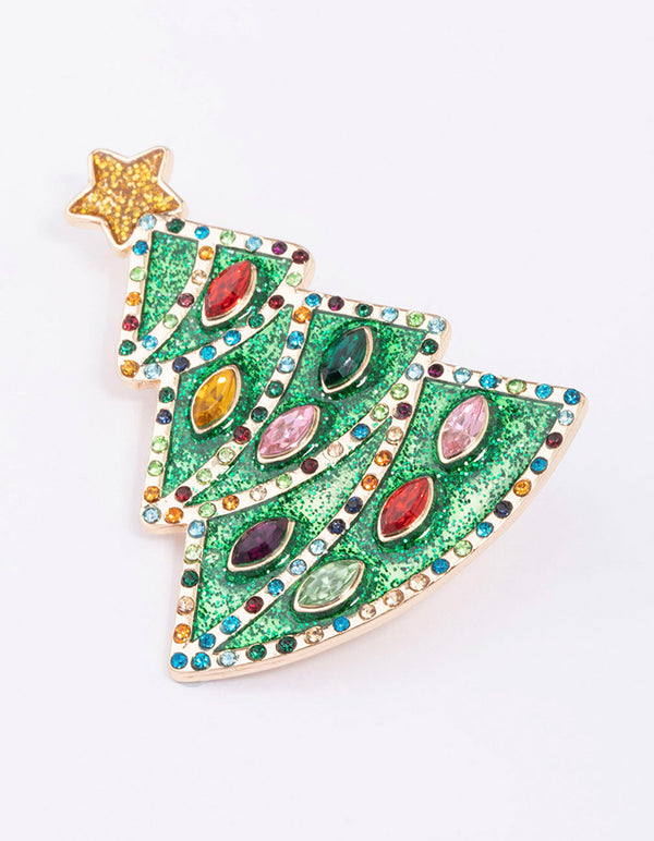 Gold Green Enamel Xmas Tree With Baubles Brooch