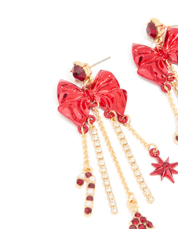 Gold Diamante Cup Chain Red Bow Drop Earrings