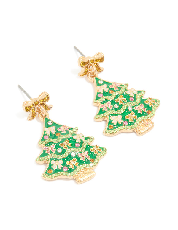 Gold Bow Festive Tree Drop Earrings