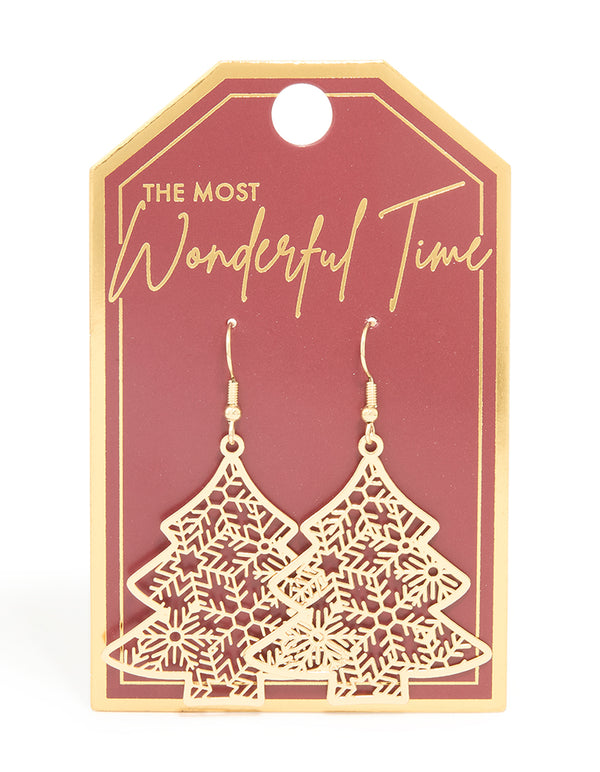 Gold Filigree Festive Tree Drop Earrings