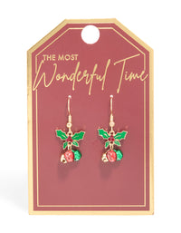 Gold Holly Plant & Red Bell Drop Earrings - link has visual effect only