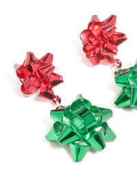 Green & Red Coated Metal Christmas Present Bow Stud Earrings - link has visual effect only