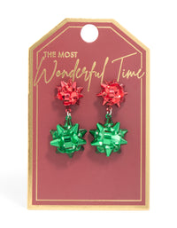 Green & Red Coated Metal Christmas Present Bow Stud Earrings - link has visual effect only