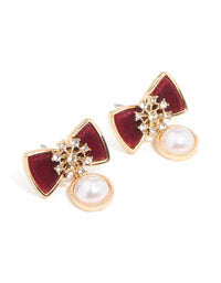 Gold Red Velvet Pearl & Snowflake Stud Earrings - link has visual effect only