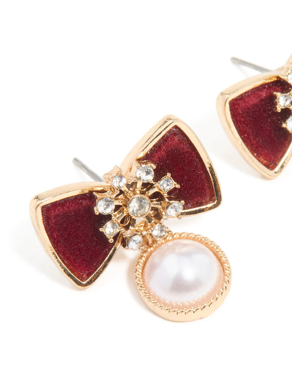 Gold Red Velvet Pearl & Snowflake Stud Earrings