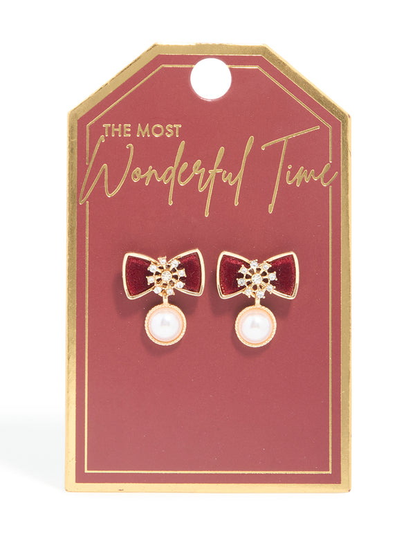 Gold Red Velvet Pearl & Snowflake Stud Earrings