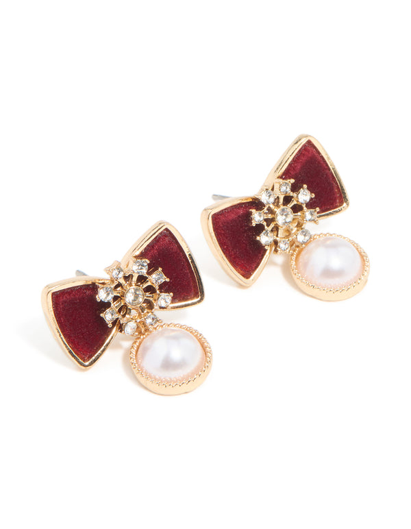 Gold Red Velvet Pearl & Snowflake Stud Earrings