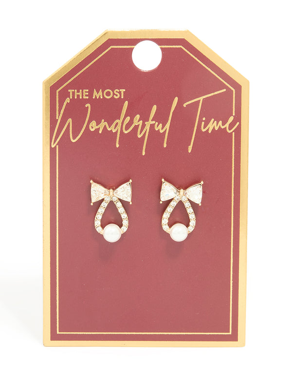 Gold Diamante Bow & Bell Stud Earrings