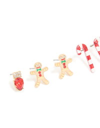Gold Diamante Festive Light & Candy Cane Earrings 3-Pack - link has visual effect only