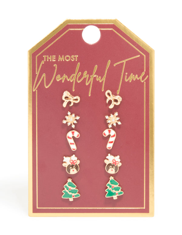 Gold Cute Reindeer & Snowflake Earrings 5-Pack