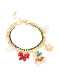 Gold Green Diamante Cup Chain & Festive Charm Layered Bracelet - link has visual effect only