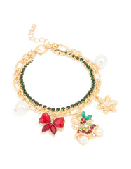 Gold Green Diamante Cup Chain & Festive Charm Layered Bracelet