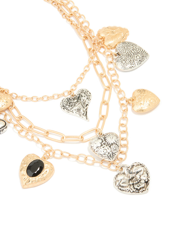Mixed Metal Heart Charm Layered Necklace