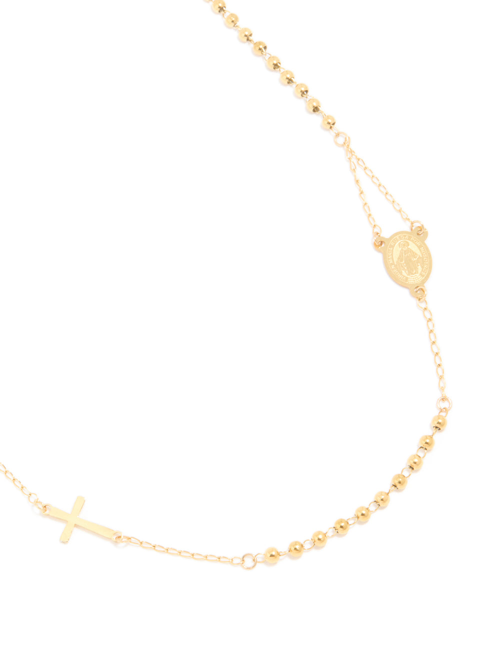Stunning rosary necklace featuring with beaded chain and cross, crafted from waterproof stainless steel in gold plated finish in a dainty style close up view