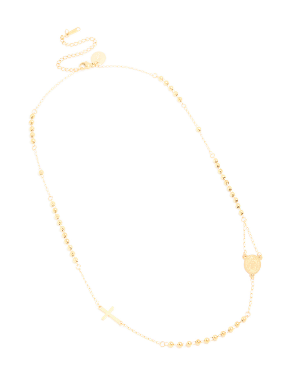 Beautifully designed rosary necklace featuring beaded chain and cross in a waterproof gold plated stainless steel in a dainty style front view