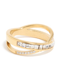 Waterproof Gold Plated Stainless Steel Diamante Cross Over Ring - link has visual effect only