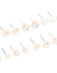 Rose Gold & Pearl Mixed Basic Stud Earrings 8-Pack - link has visual effect only