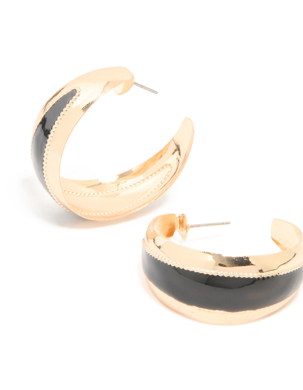 Gold Textured Black Tapered Centre Hoop Earrings