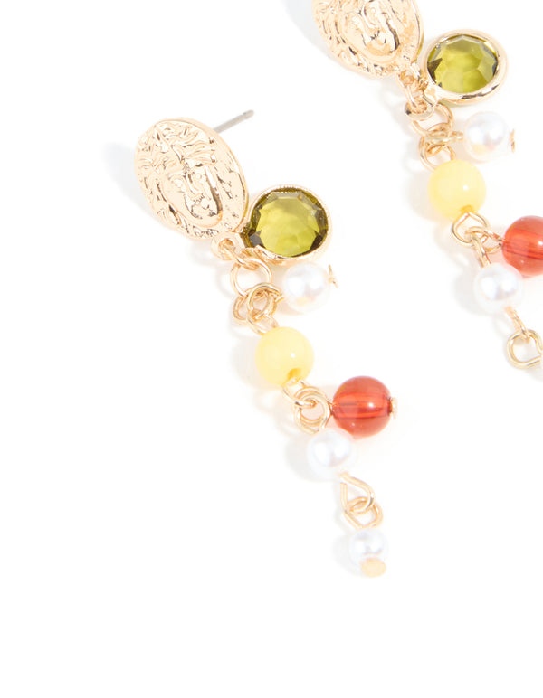 Gold Multicoloured Beaded & Molten Disc Drop Earrings