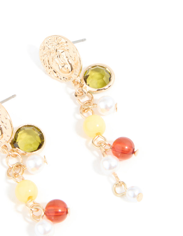 Gold Multicoloured Beaded & Molten Disc Drop Earrings