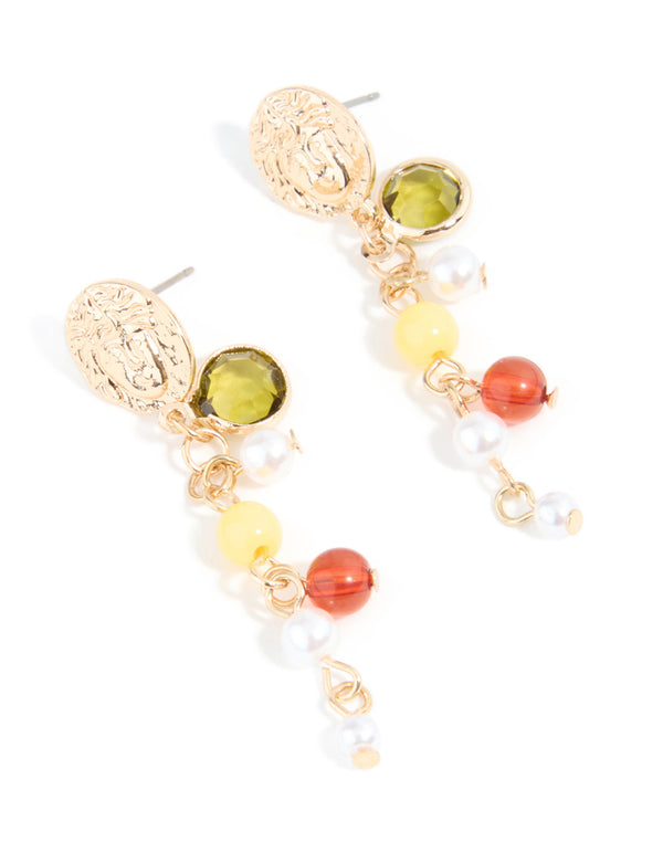 Gold Multicoloured Beaded & Molten Disc Drop Earrings