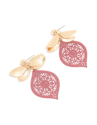Gold Pink Filigree & Textured Leaf Drop Earrings - link has visual effect only