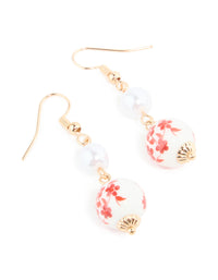 Gold Pearl Red & White China Painted Drop Earrings - link has visual effect only