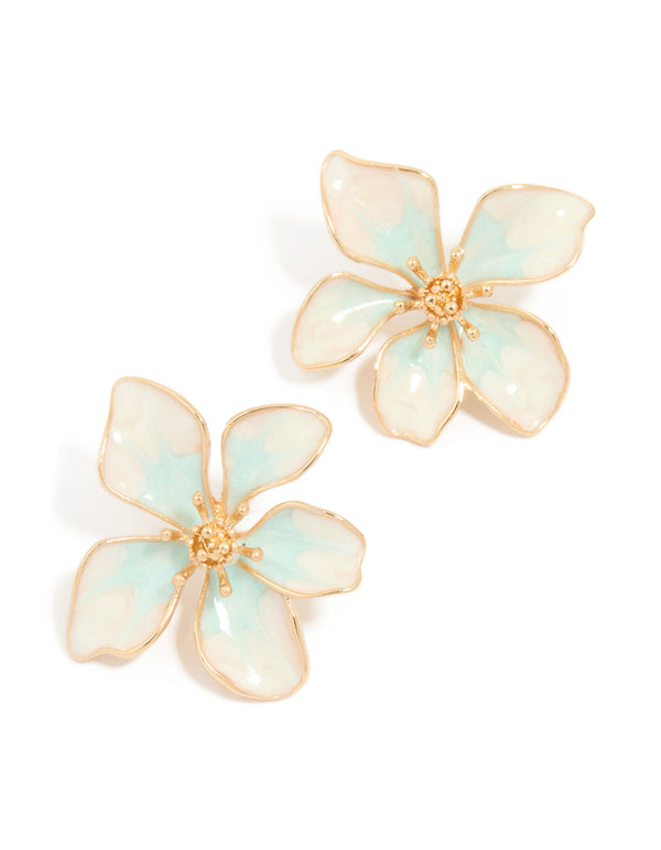 Gold Blue Painted Flower Stud Earrings