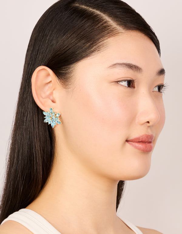 Gold Blue Diamante Marquise Flower Stud Earrings