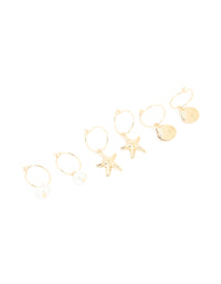 Gold Pearl Shell & Starfish Huggie Earrings 3-Pack - link has visual effect only