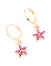 Gold Red Diamante Flower Huggie Earrings - link has visual effect only