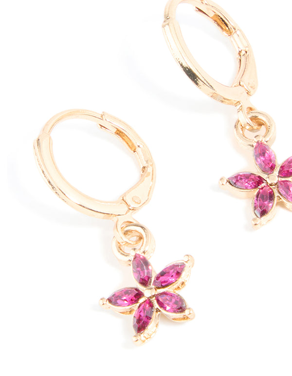 Gold Red Diamante Flower Huggie Earrings