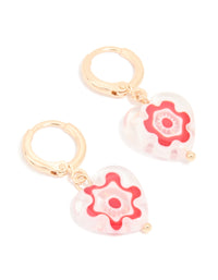 Gold Pink & White Painted Heart Huggie Earrings - link has visual effect only
