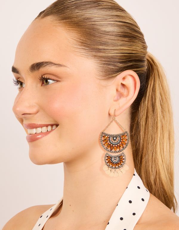 Antique Gold Orange Diamante Statement Coin Drop Earrings