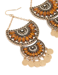 Stunning antique gold orange diamante statement charm drop earrings with floral details close up view - link has visual effect only
