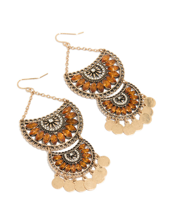 Crafted in antique gold with orange diamante charm statement drop earrings featuring floral design front view