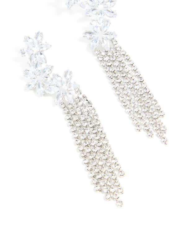 Silver Cubic Zirconia Flower Cupchain Drop Earrings