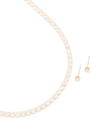 Gold Cubic Zirconia Tennis Necklace & Classic Stud Earrings Set - link has visual effect only
