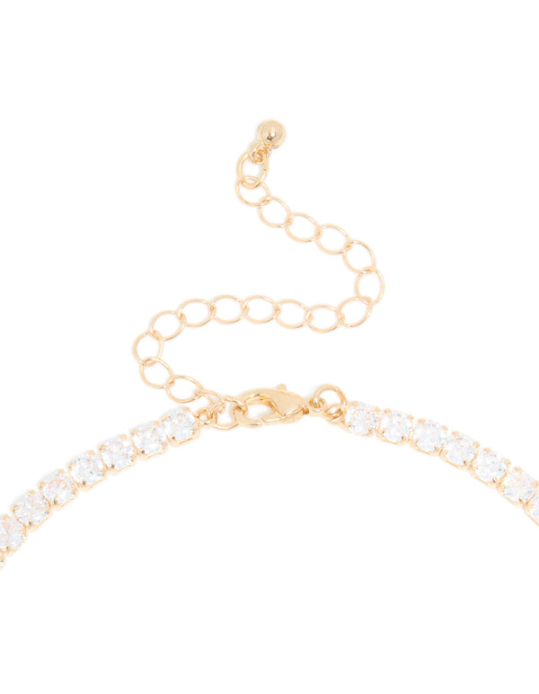 Gold Cubic Zirconia Tennis Necklace & Classic Stud Earrings Set