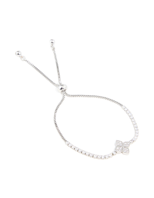 Silver Cubic Zirconia 4-Petal Flower Toggle Bracelet