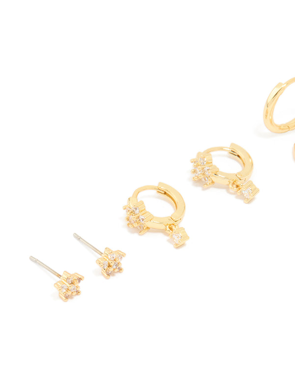 Gold Plated Cubic Zirconia Flower Huggie Earrings 4-Pack