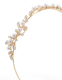 Elegant cubic zirconia vine and pearl headband in gold detail view - link has visual effect only