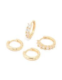 Gold Plated Brass Cubic Zirconia Baguette & Smooth Mini Huggie Earrings Pack - link has visual effect only