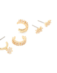 Gold Plated Brass Cubic Zirconia Flower Stud & Ear Cuff 5-Pack - link has visual effect only