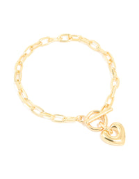 Gold Plated Brass Heart FOB Chain Bracelet - link has visual effect only