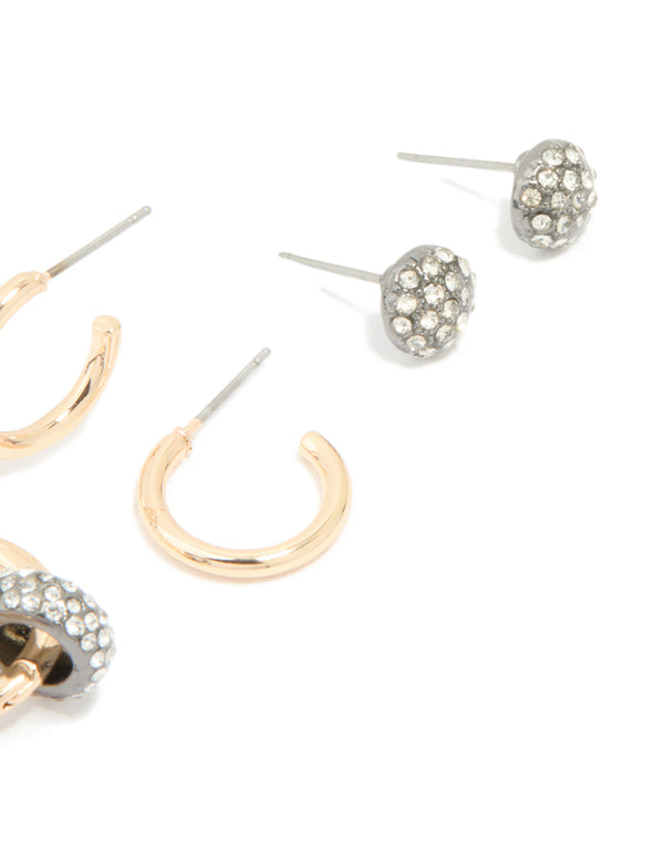 Mixed Metal Diamante Hoop & Stud Earrings 3-Pack