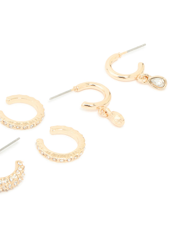 Gold Diamante Mixed Drop & Stud Earrings 5-Pack